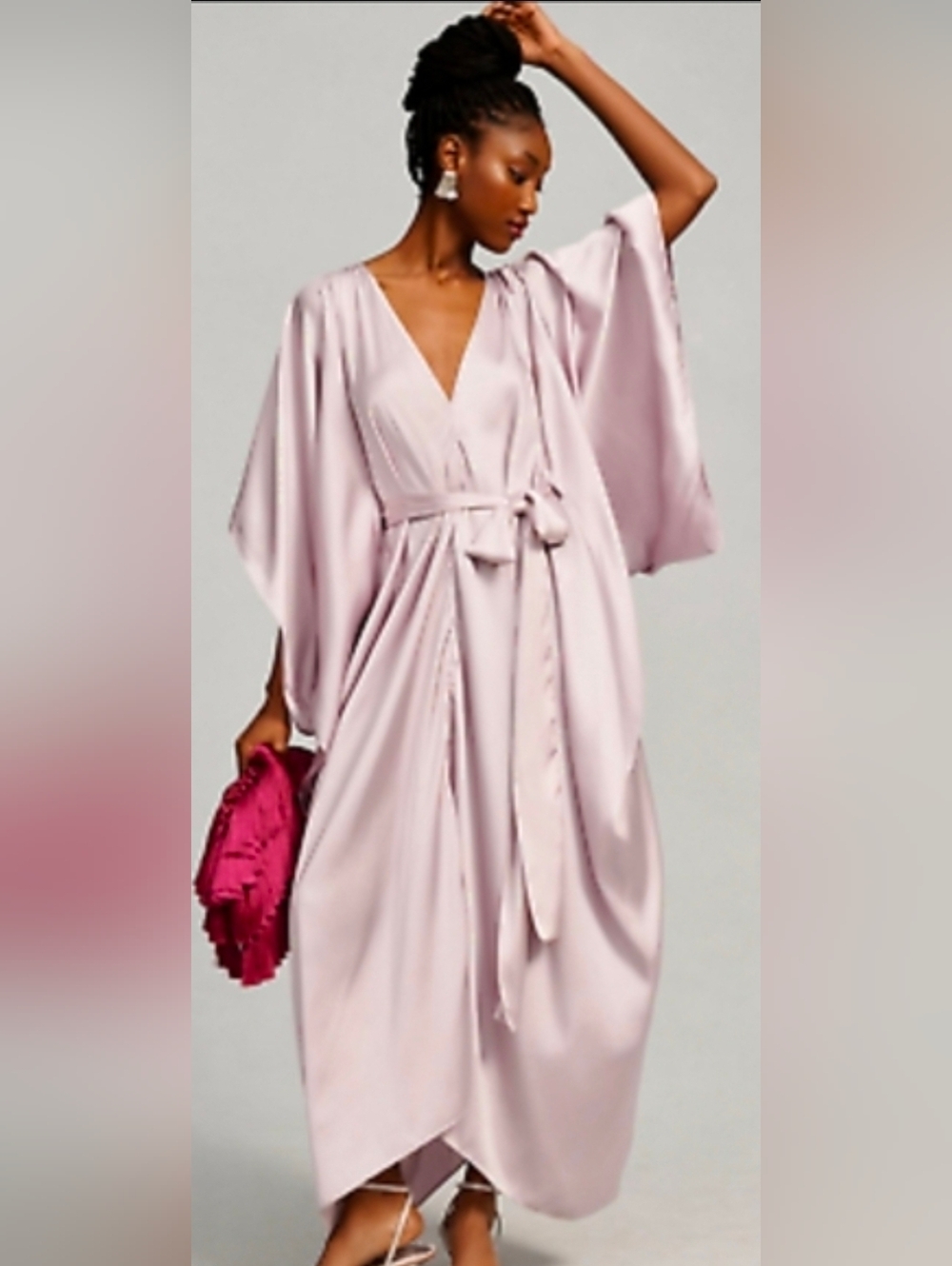 Anthropologie Satin Kaftan Tie Front Maxi Dress One Size Adjustabe Lilac NIP$200